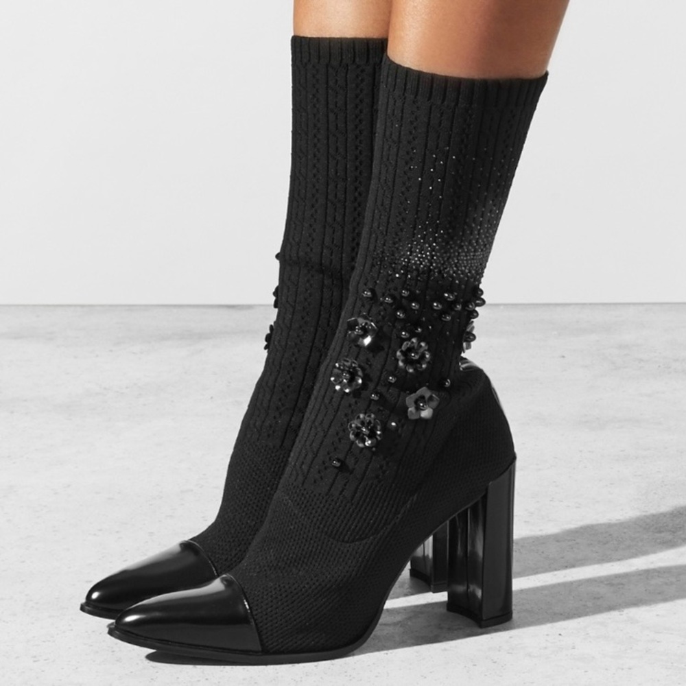 Stuart Weitzman Black Sock Hop Knit Glove Boots Embellished Heeled Mid Calf 6.5
